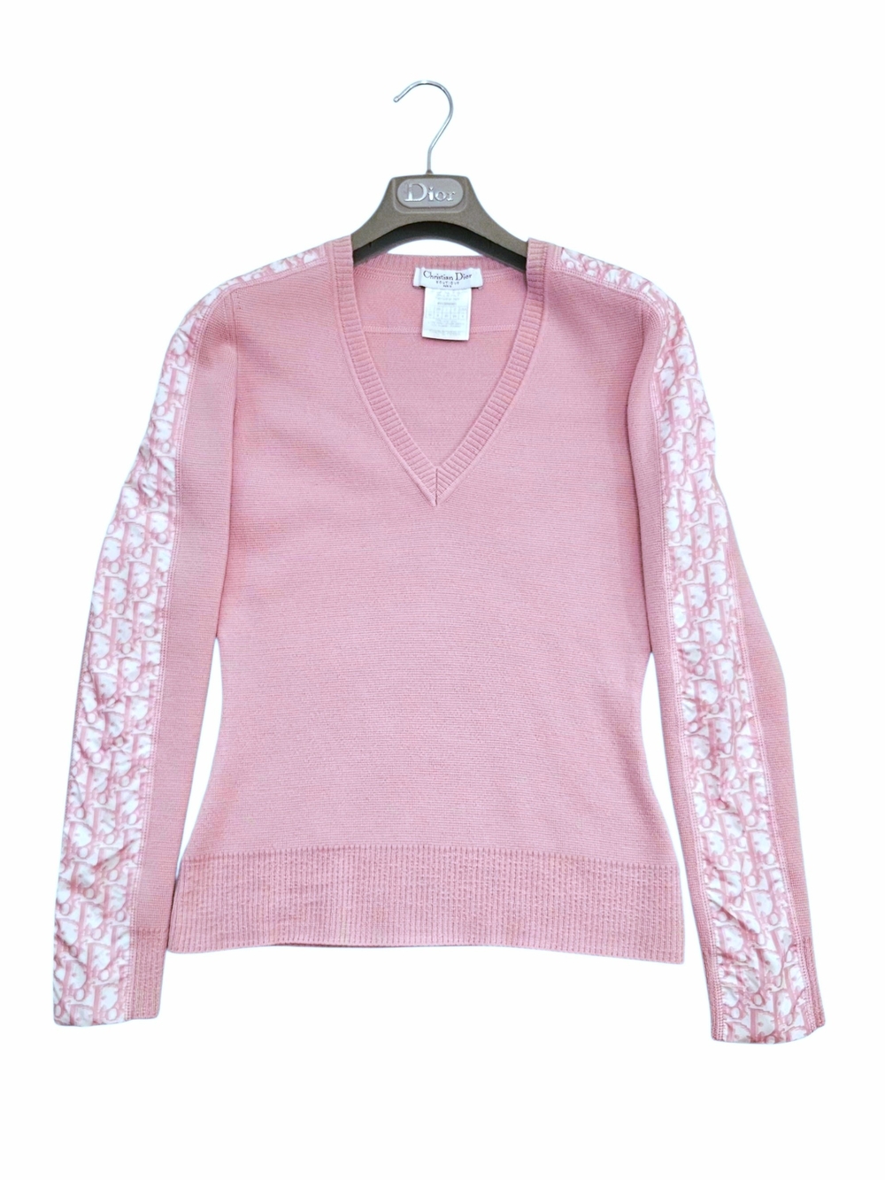 Vintage Y2K Christian Dior Pink "Girly" V-Neck Ski Sweater Trotter Sleeves FR 36